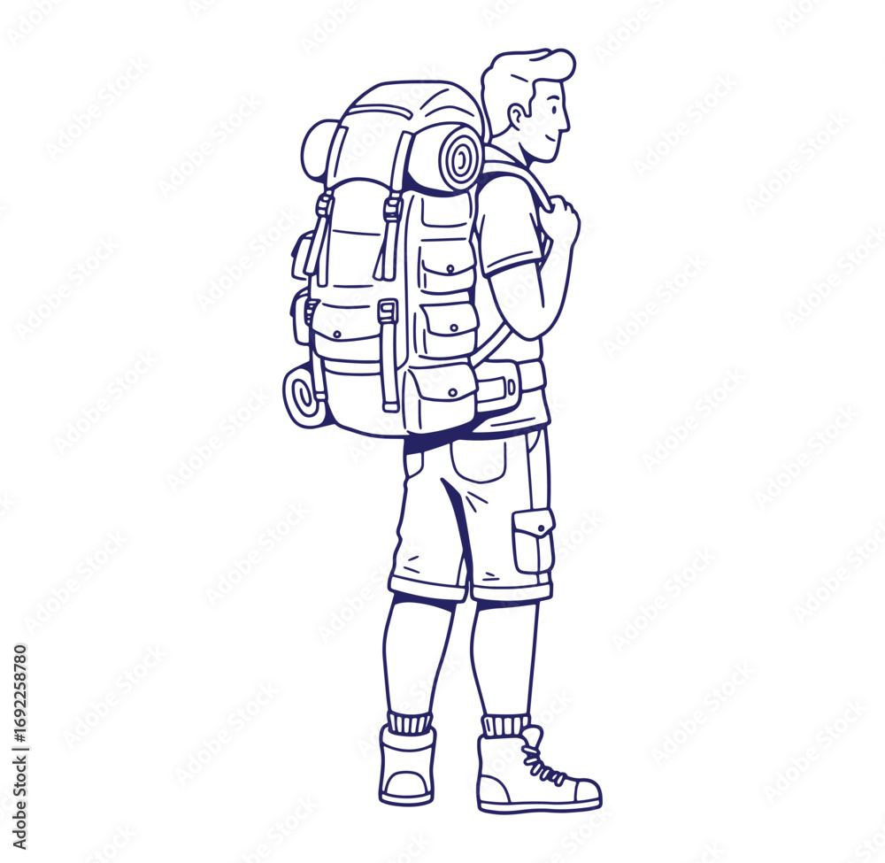 Fototapeta premium Outline illustration of a smiling hiker carrying a large backpack on a solo adventure