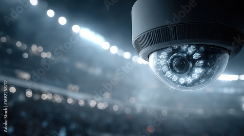 Security Camera Surveillance System at Stadium Event with Crowd Bokeh