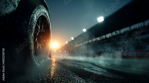 Racing car tire on wet track at night