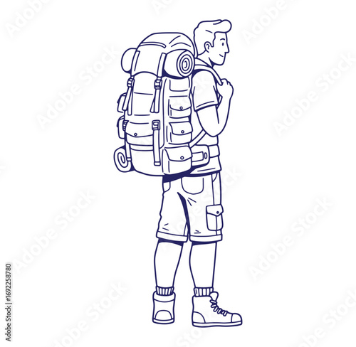 Outline illustration of a smiling hiker carrying a large backpack on a solo adventure