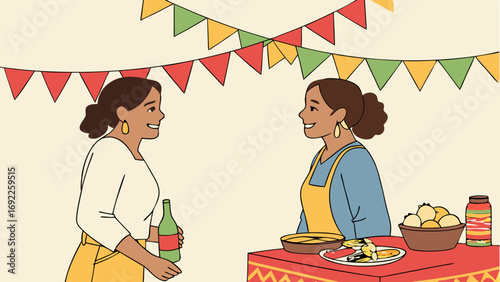 Two women chatting at a festive gathering with food and drinks.