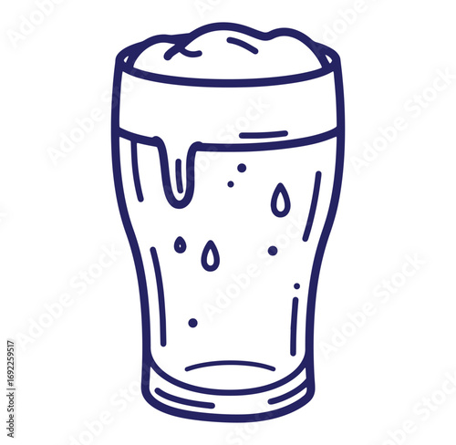 Simple illustration of a pint of beer with foam and bubbles on a white background