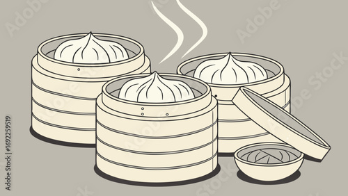 Steaming Buns in Bamboo Steamers Asian Cuisine Food Illustration Restaurant Menu Design.
