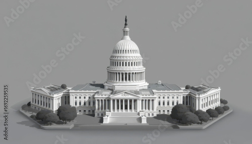 Architectural model of the capitol building washington d.C. 3d render minimalist style aerial view government concept