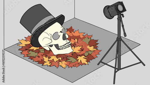 Still life photography of a skull in autumn leaves with studio lighting.