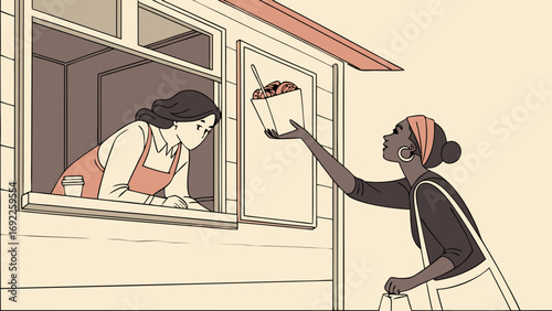 Two women interacting at a takeout window one handing a food order to the other.