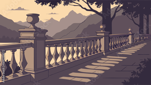 Stone balustrade overlooking mountain landscape at sunset illustration scenic view travel vacation holiday design element background graphic art postcard banner poster print wallpap.