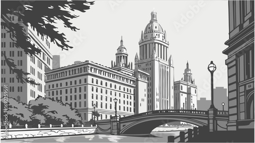 Urban cityscape river bridge architectural illustration grayscale buildings city modern architecture classic style urban landscape street lamps trees waterway cityscape background ve.
