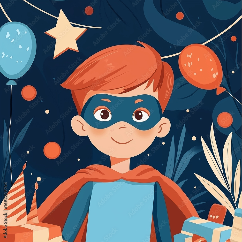 Cartoon illustration of a boy wearing superhero cape and mask Cartoon illustration of a boy wearing superhero cape and mask
