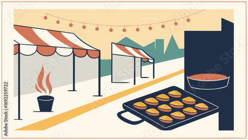 Street food market baked goods festival vendor stall pastries desserts treats food cart outdoor market fair celebration summer illustration graphic design food illustration bakery.