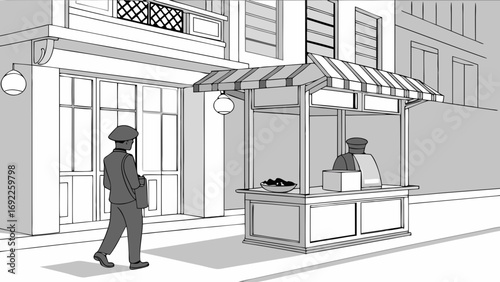 Street scene with a person walking past a vendor stall black and white illustration.