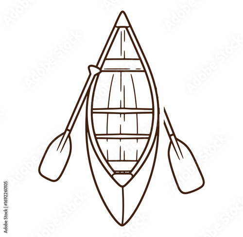 Top view of a simple brown canoe with paddles for river or lake adventure