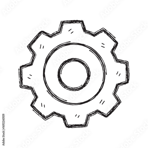 Hand drawn gear icon, cogwheel sketch, settings doodle symbol, vector line art illustration.
