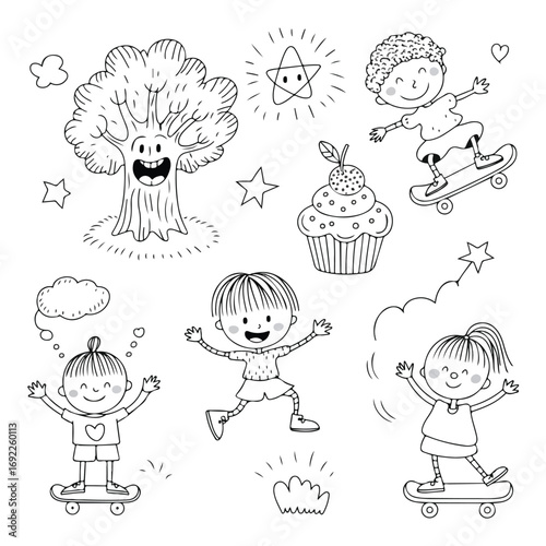 A vector illustration of a set of funny cartoon kids and their pets for a Christmas coloring book