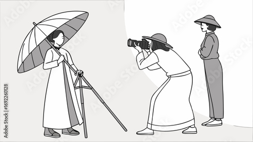 Studio Photography Session Fashion Shoot Photographer and Model Umbrella Lighting Graphic Illustration Black and White.