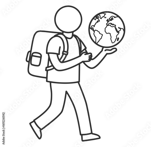 Traveler carrying globe icon symbolizing global travel adventure and worldwide exploration