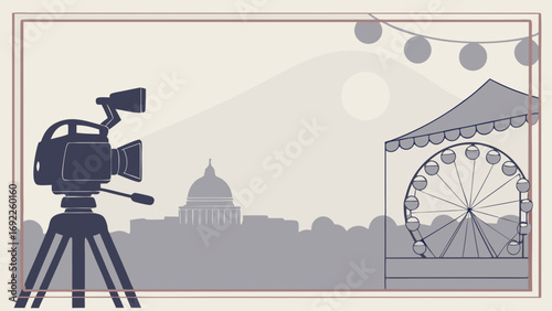 Vintage Film Camera at Festival with Ferris Wheel and City Skyline Illustration.