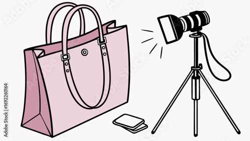 Studio Photography Setup with Pink Handbag and Camera on Tripod.