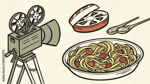 Vintage Film Projector Spaghetti Dish and Film Reel Retro Food and Movie Illustration.