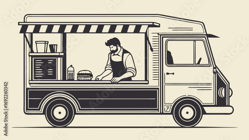Vintage Food Truck Illustration Retro Burger Van Graphic Street Food Vendor Design Black and White Style.