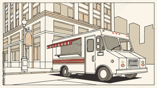 Vintage Food Truck on City Street Urban Illustration Street Food Retro Design.