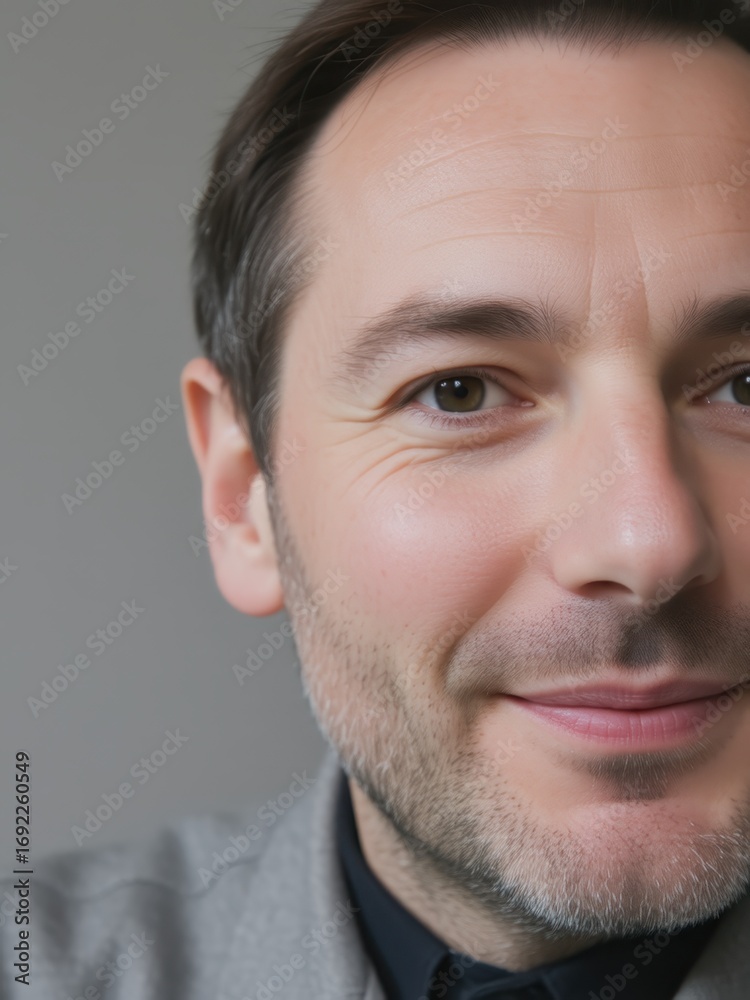 Obraz premium Smiling man portrait indoor studio photography neutral background close-up personal connection