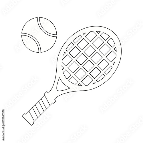 Tennis racket and ball outline isolated on white background