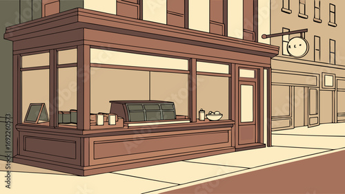 Vintage storefront street scene shop exterior small business boutique cafe display window wooden facade urban setting commercial building city street retail store building exterior a.