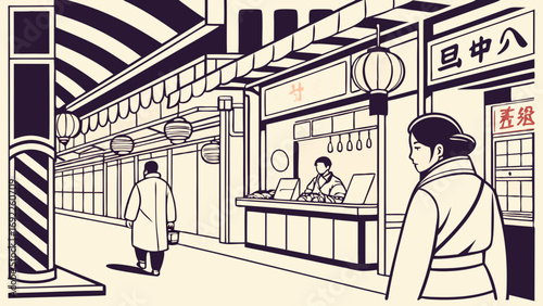 Vintage Style Street Scene with People Walking Past Shops and Lanterns.