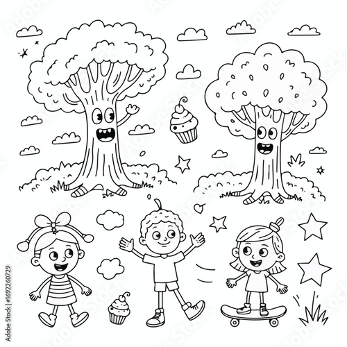 A whimsical vector illustration set of cartoon mushrooms and a funny sheep chef is perfect for a children's coloring book design
