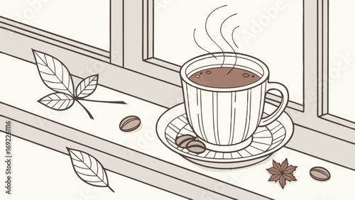 Warm Coffee Drink on Windowsill with Autumn Leaves and Spices Illustration.