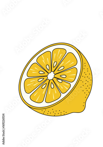 A vibrant yellow citrus fruit cut in half showcasing its juicy segments and white pith