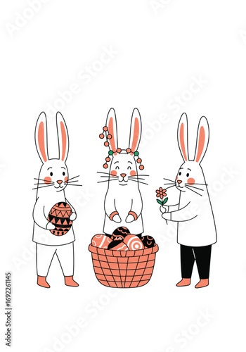 Three adorable cartoon bunnies celebrating spring together with an easter basket full of goodies and flowers