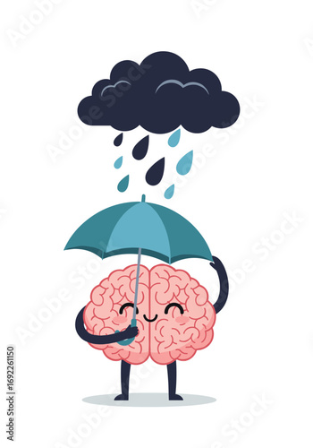 A happy cartoon brain is holding an umbrella to protect itself from a dark rain cloud illustrating mental health and self care protection