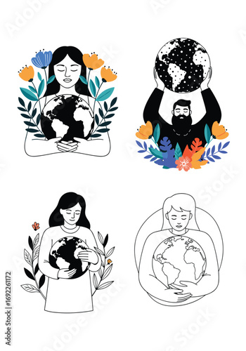 Illustrations of people holding the planet earth in their hands symbolizing environmental care and protection