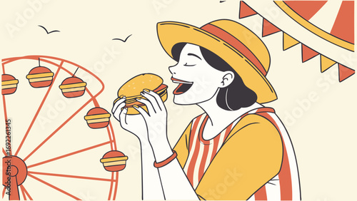 Woman enjoying a burger at an amusement park Ferris wheel in background.