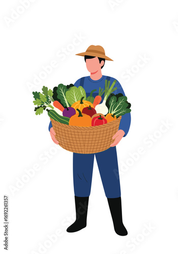 A farmer proudly holding a basket overflowing with freshly harvested organic vegetables from his farm