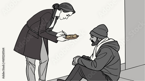 Woman giving food to a homeless man act of kindness charity donation helping the poor social issue volunteer work compassion empathy humanitarian aid poverty street life urban scene.