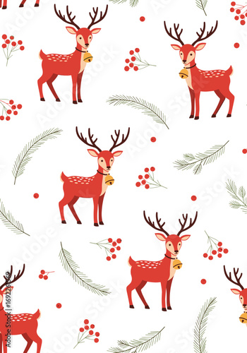 Charming festive reindeer pattern with evergreen sprigs and berries adorning a white background