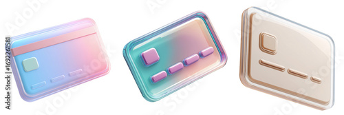 3D Glass Set of Colorful Credit Card Illustrations for Payments and Financial Concepts