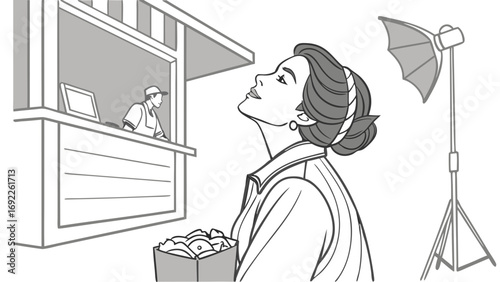 Woman looking up holding a bag near a counter with a person and a photography light stand.