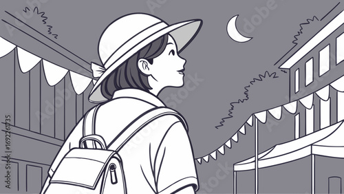 Woman looking up at the night sky at an outdoor event.