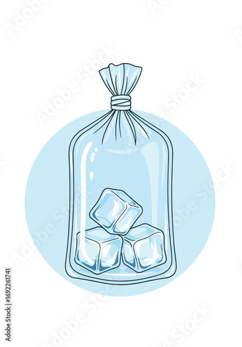 Transparent plastic bag filled with crystal clear ice cubes ready for chilling drinks on a light blue circular background
