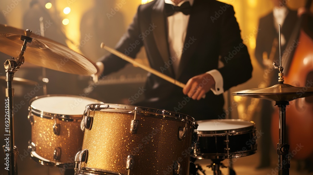 Naklejka premium Jazz drummer in tuxedo performing live music 