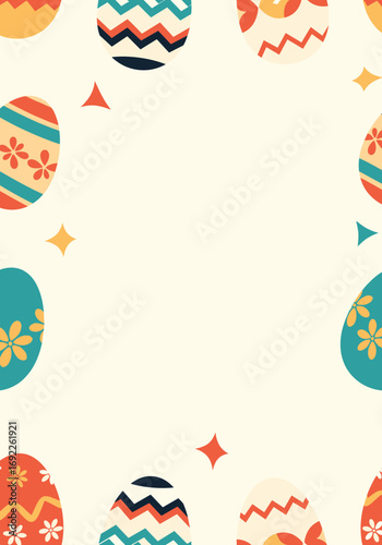 A whimsical collection of beautifully decorated easter eggs adorning the edges of a cream colored background with small decorative elements scattered throughout