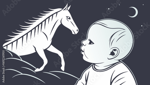 Stylized illustration of a baby and a horse under the night sky.