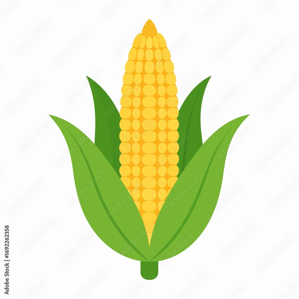 Obraz premium Fresh Yellow Corn on the Cob with Green Leaves Isolated on White Background.