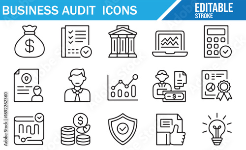Collection of Business Audit and Finance Icons in Modern Line-Art Style.