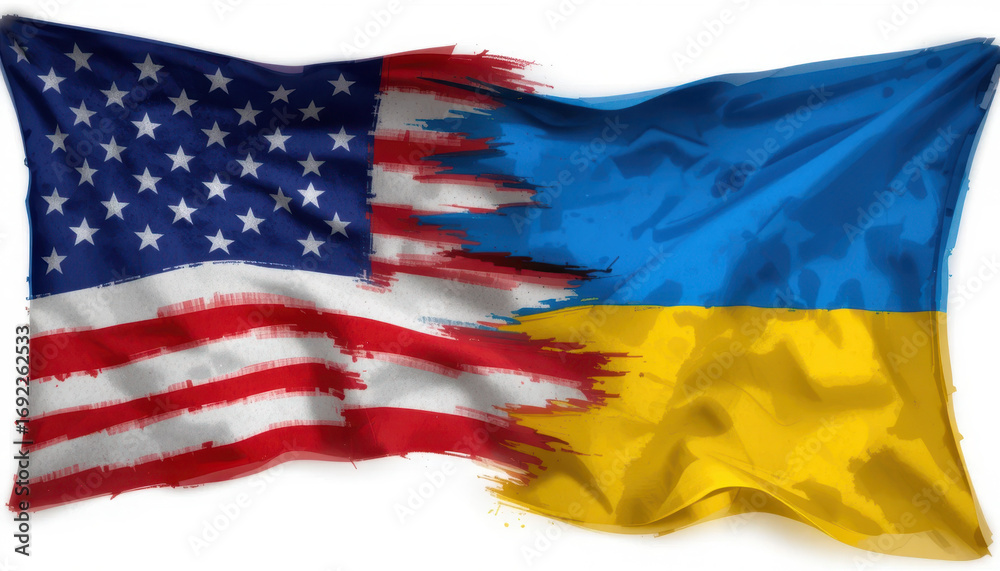 Obraz premium Unity in conflict us and ukraine flags intertwined symbolizing solidarity and cooperation amidst crisis