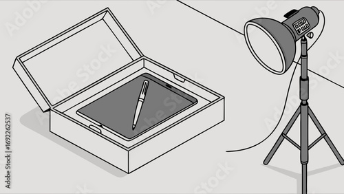 Stylus and Tablet in Box with Studio Lighting Setup Illustration.